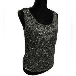 Vintage Hand Beaded Black Sequin Top 100% Wool Made in Hong Kong